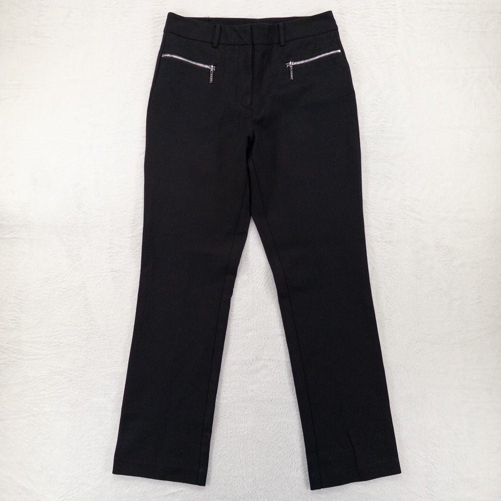 DKNY Womens Dress Pants Size 8 Black Silver Zipper Pockets Straight Leg Ponte